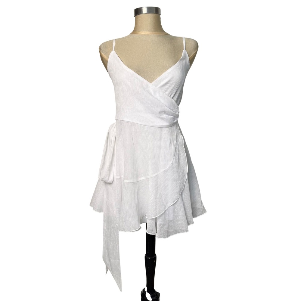Lucy in the Sky White Shimmer Wrap Mini Dress Size M Party Wedding Guest Summer